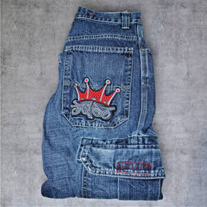 VTG Y2K JNCO Jeans Crown Logo Wide Leg Carpenter Denim Pants Youth Size 8
